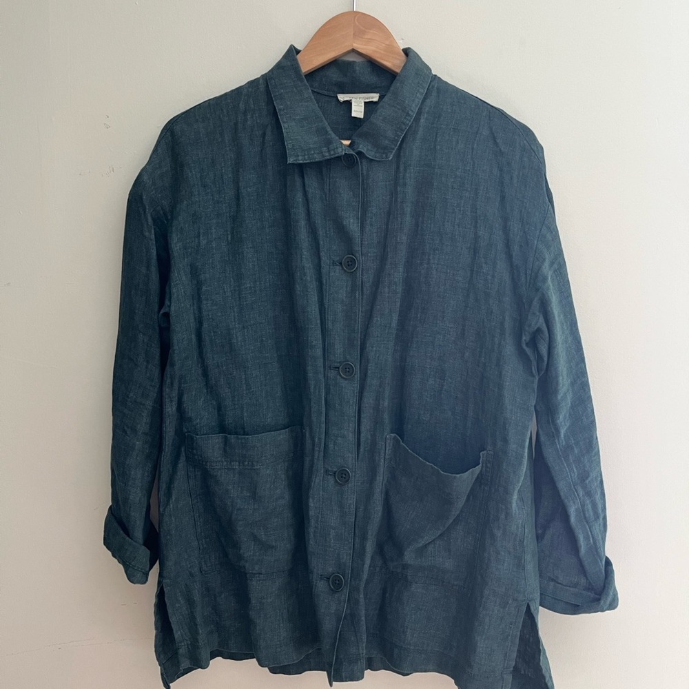 Eileen Fisher Women's Blue Gray Linen Jacket, Size XXS (oversized)